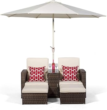Giardino Nevada 2 Seater Garden Sofa Recliner Rattan Sun Lounger with Footstools, Table, Parasol & Cover, Outdoor Patio Conservatory Furniture Fully Assembled, Brown
