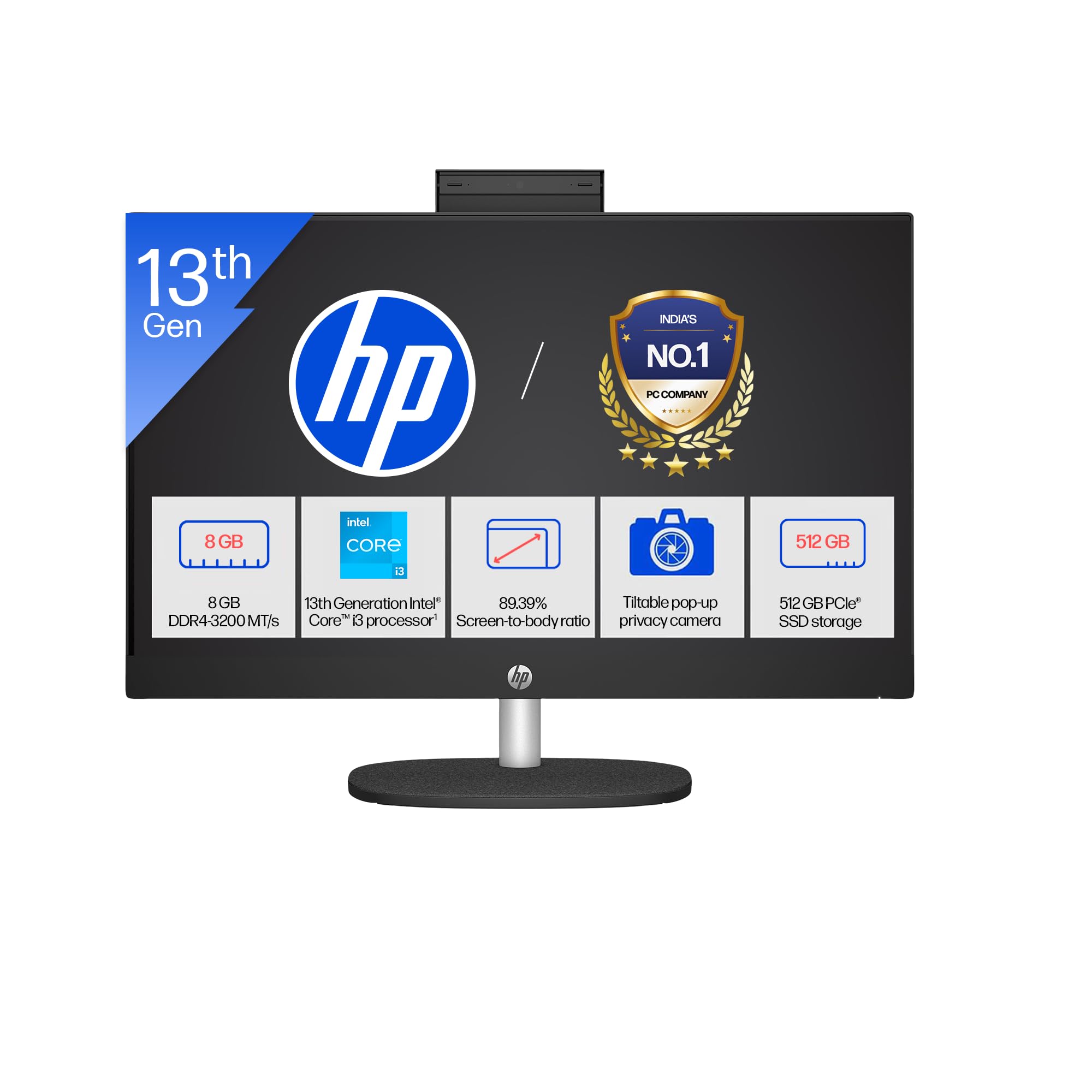 HP All-in-One, 13th Gen Intel Core i3-1315U (8GB DDR4, 512GB SSD) IPS, Three-Sided, Micro-Edge, Anti-Glare, FHD, 23.8''(60.5 cm), Win 11 Home, Office 24, 5.27kg, FHD Camera, 24-cr0903in