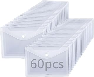 SHUESS 60 Pcs Plastic Wallets - A5 Plastic Wallets with Popper - Plastic Wallet Folders - Clear A5 Document Wallet for Home, Office, School