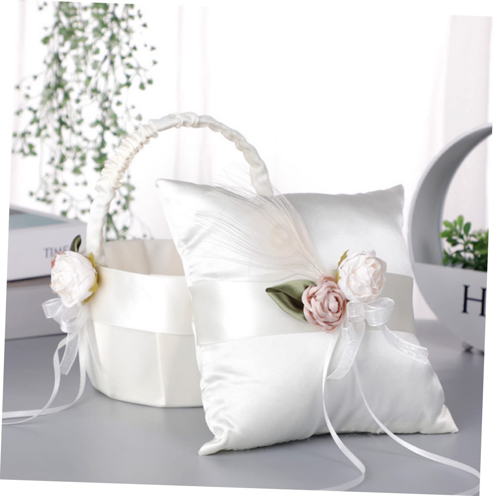 Cuscino Portafedi in Raso Bianco Fiori e Pizzo, Cuscino Fedi Nuziali Elegante per Decorazioni Matrimonio e Cerimonie Speciali