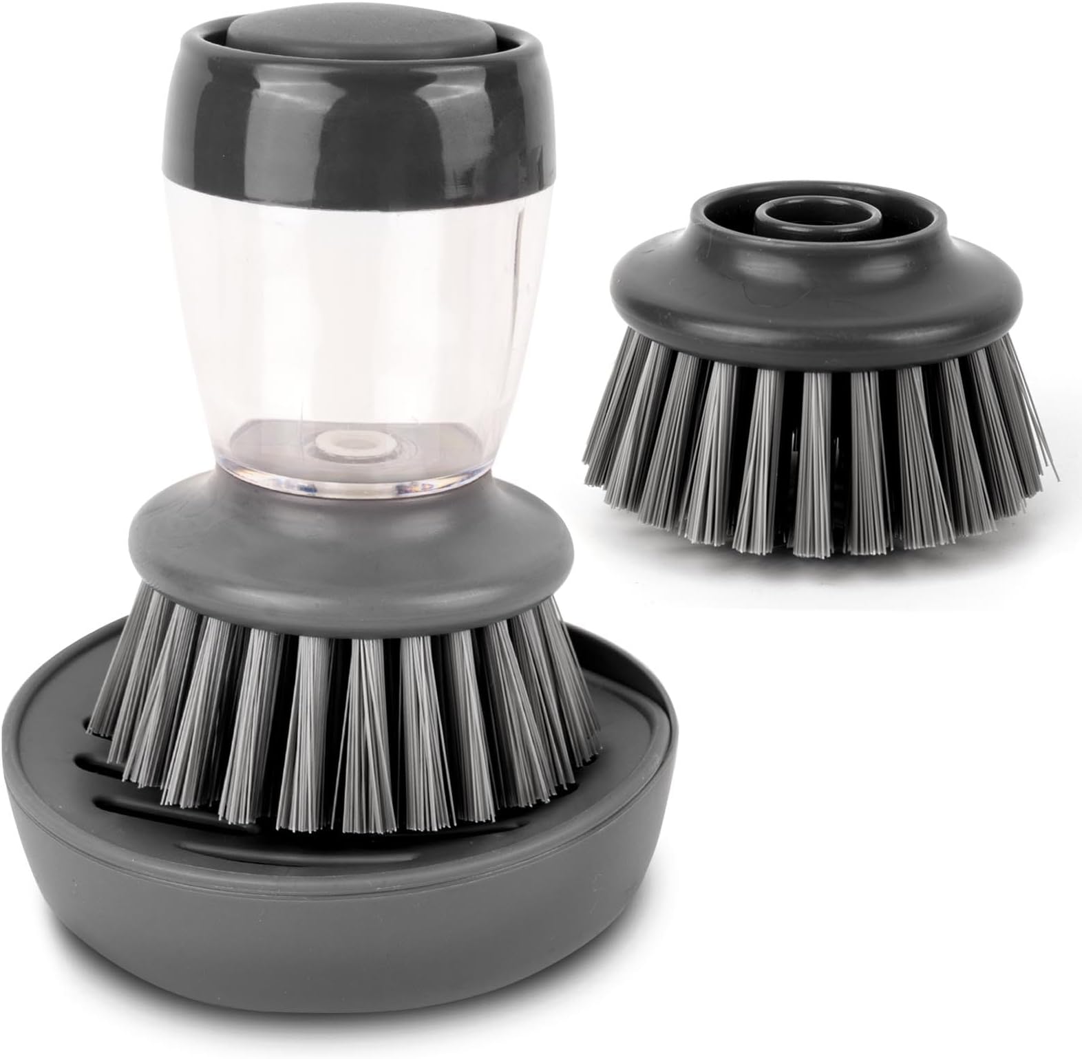 MUNSKT Soap Dispensing Dish Brush with Storage Stand Holder and Replace Palm Scrub Head, Refillable Kitchen Cleaning Pot Pan Sink Washing