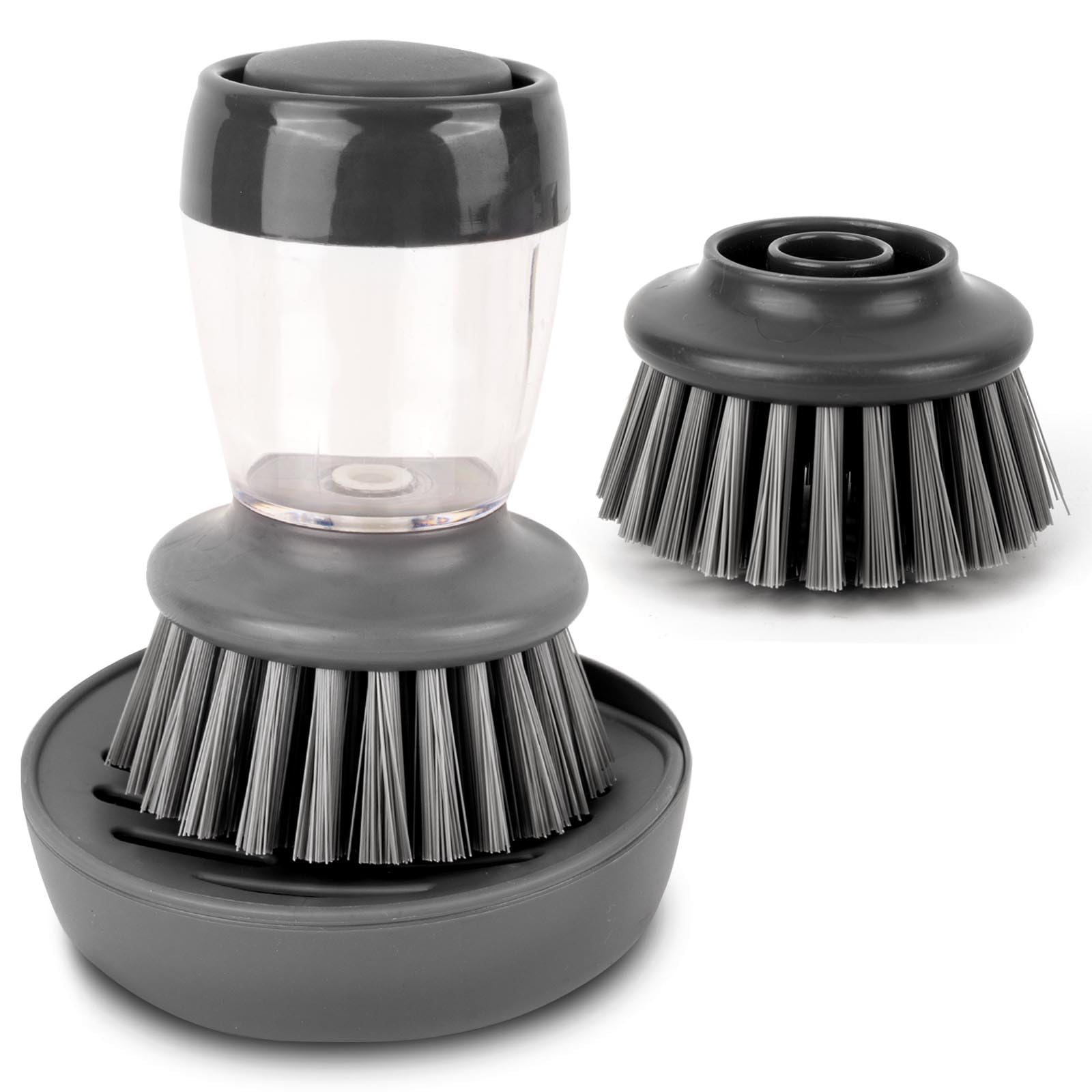 MUNSKT Soap Dispensing Dish Brush with Storage Stand Holder and Replace Palm Scrub Head, Refillable Kitchen Cleaning Pot Pan Sink Washing