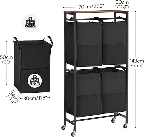 Miniatura 6 de HOOBRO Clasificador de ropa sucia rodante de 4 secciones, cesta vertical de 2 niveles con ruedas, 52 galones (198L), cestas de lavandería para