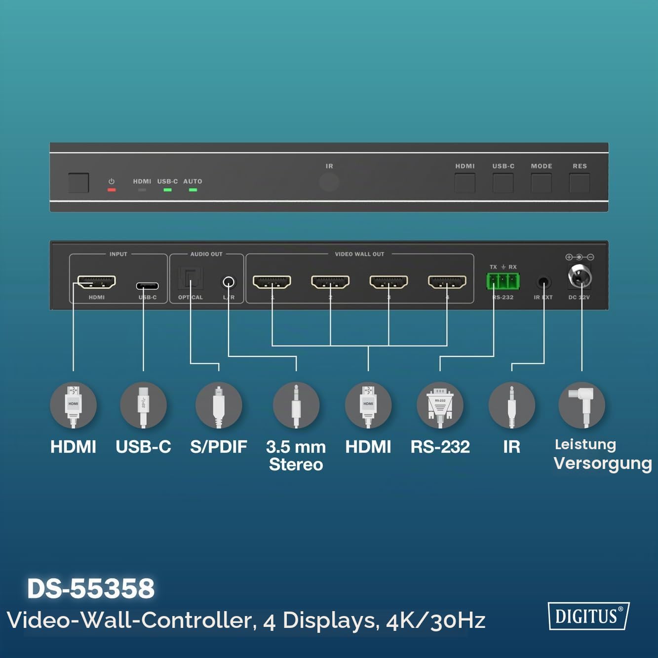 DIGITUS HDMI Video Wall Controller – Ausgang 4X HDMI UHD 4k 30Hz | Eingang HDMI / USB-C – 8 Display-Modi – mit Fernbedienung – Display-Modi 1x1, 2x1, 3x1, 4x1, 1x2, 1x3, 1x4, 2x2