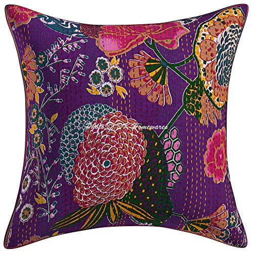 DK Homewares Indien Traditionnelle Kantha Imprimé Coton Violet Taie d'oreiller 40 X 40 Cm Décor Lounge Tropicana 16 X 16 Pouces Housse De Coussin Grand Canapé (Violet) - 1 Pc Cover