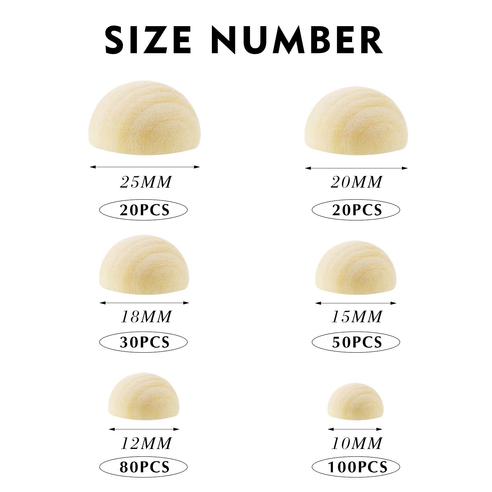 Jetec 300 Pcs Half Wooden Balls Beads 6 Sizes Natural Unfinished Wooden Half Round Split Balls Craft Beads Mini Hemisphere for DIY Projects Arts Craft Supplies