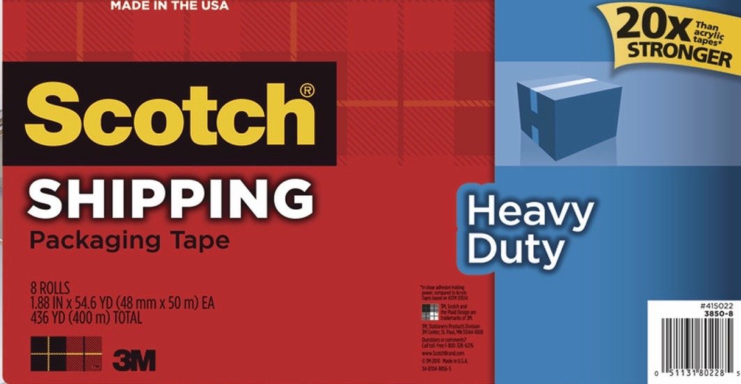 Scotch Heavy Duty Shipping Packaging Tape, 1.88 Inches x 54.6 Yards, 8 Rolls (3850-8) by 3M