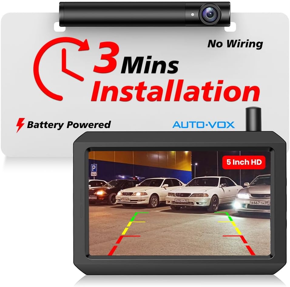 AUTO-VOX Wireless Backup Camera for Car, 3Mins DIY Installation, Back Up Camera Systems for Truck with Rechargeable Battery-Powered, Super Night Vision Rear/Front View with 5'' Monitor -TW1