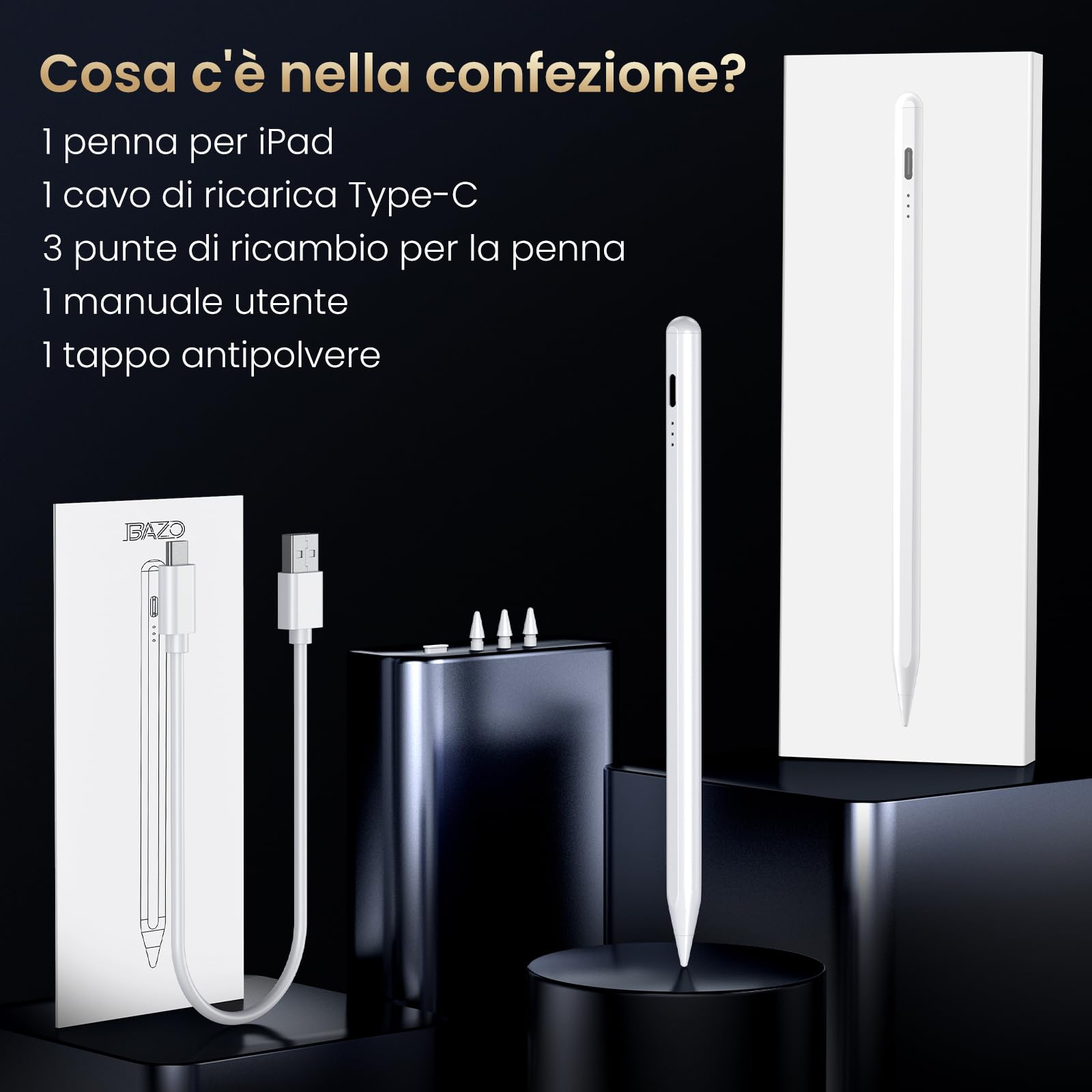 BAZO Penna Compatibile con iPad 2018-2026, Ricarica Rapida, Palm Rejection, Sensibilità Inclinazione