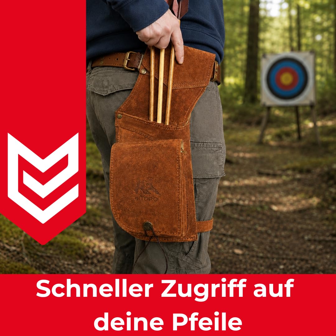 elToro Heritage Field Fieldköcher Rechtshand aus Leder mit Beinschlaufe | kompakter Bogensport Köcher für Pfeile, Training, Parcours und Zielschießen