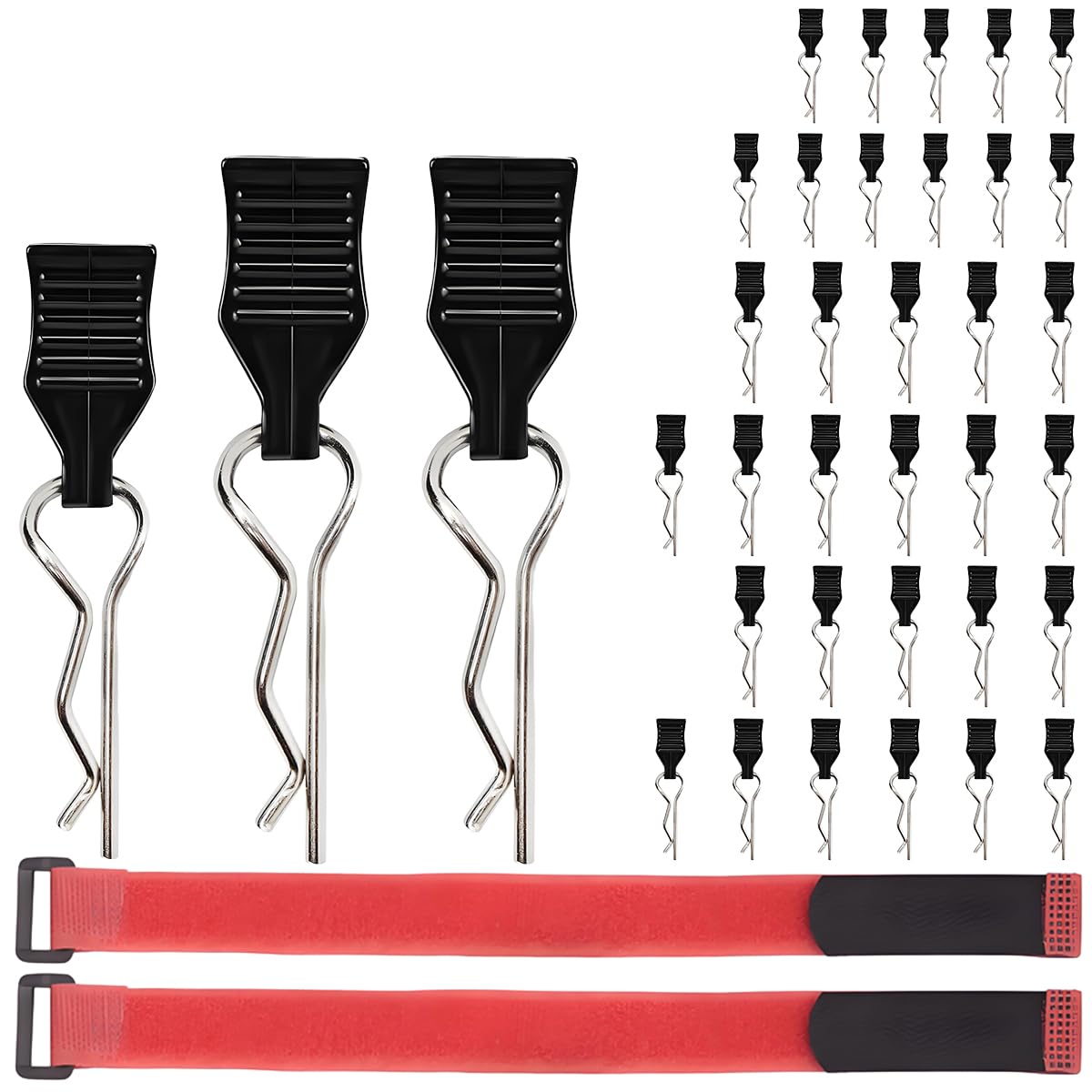 ZHUROUPU 36Pcs RC Body Clips with Pull Tabs Universal RC Body Shell Pin 2 Different Sizes R-Type Pins Accessories for 1/14 1/16 1/18 Remote Control Car Truck Buggy Shell with Velcro Tape