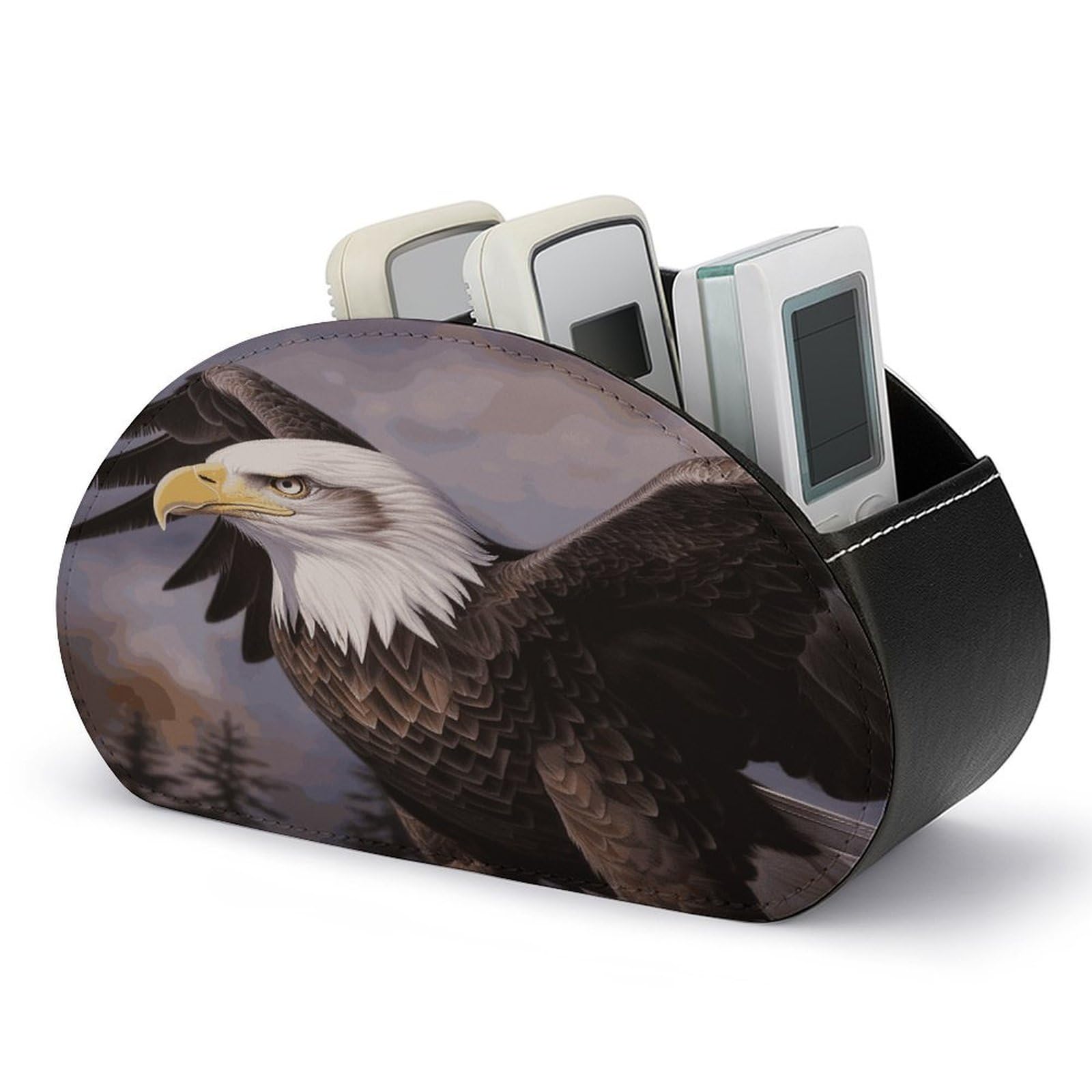 LZQPOEAS Bald Eagle Remote Control Holder Desk Storage Organizer Box Container Remote Storage Box with 5 Compartments PU Leather Remote Caddy for Home Bedside Table Organizer