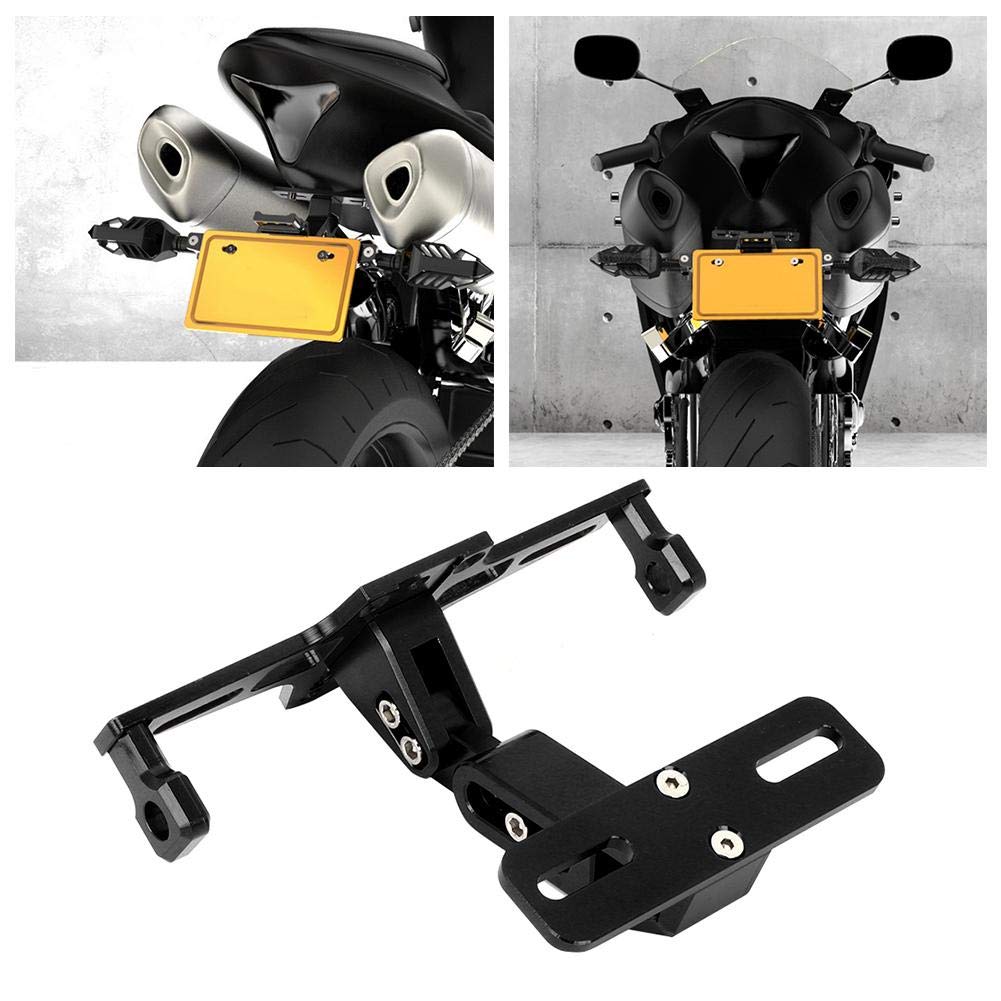 Qiilu - Soporte de matrícula para moto, soporte de matrícula telescópico ajustable de aleación de aluminio con luz LED(Negro)
