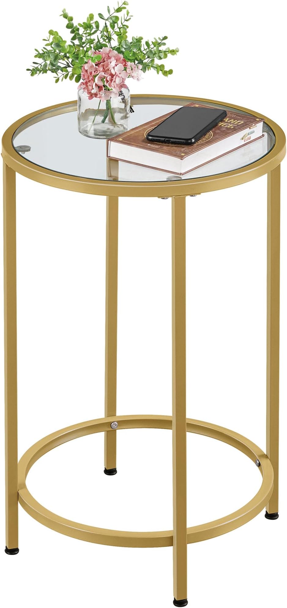 Yaheetech Round Side Table, Small Glass Coffee Table With Sturdy Metal Frame, Modern End Table with Tempered Glass Top, Sofa Table for Living Room/Bedroom, Gold