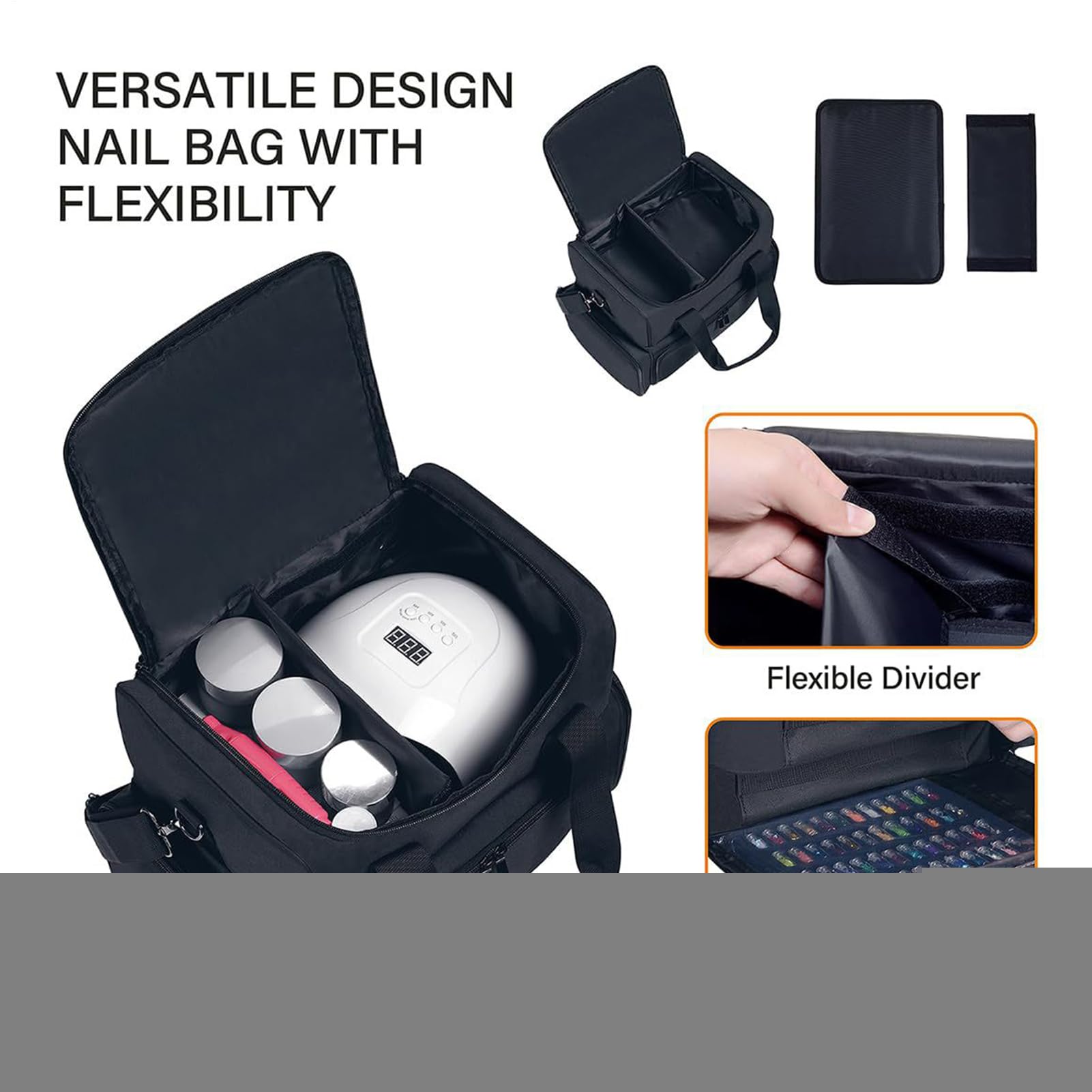 Custodia per il trasporto delle unghie, borsa per cosmetici e kit per unghie, custodia per il trasporto, kit lampada contiene 70 bottiglie con supporto e tracolla per viaggi all'aperto