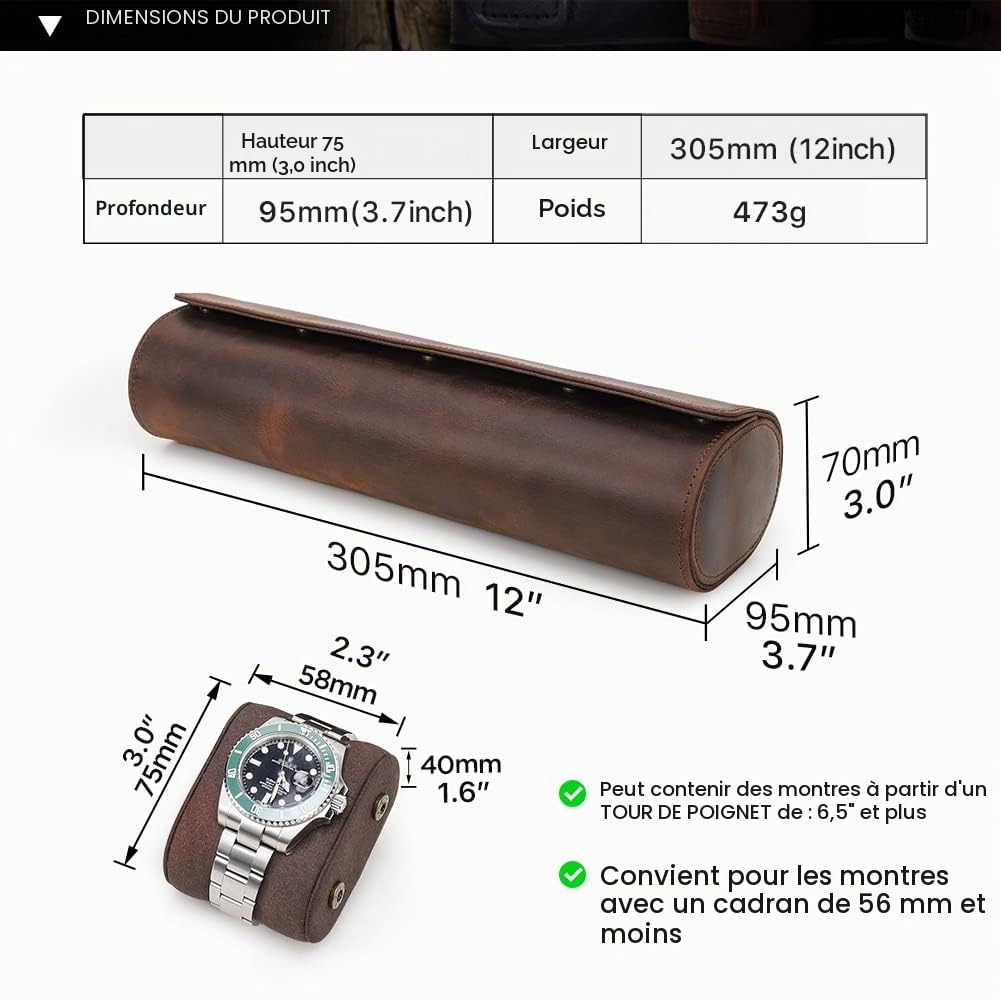 CONTACTS Étui de voyage en cuir véritable pour 4 montres, étui de rangement pour 4 montres, étui de protection portable pour montres de voyage vintage (café-1140)