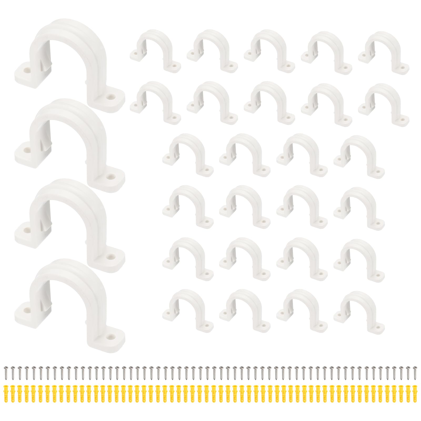 sourcing map 30 Pcs SCH 3/4 in(25mm) PVC Pipe Clamp, Pipe Strap U-Tube Clamp Conduit Strap Clamps with Screws and Expansion Tubes for Fixing Plumbing Electrical HVAC