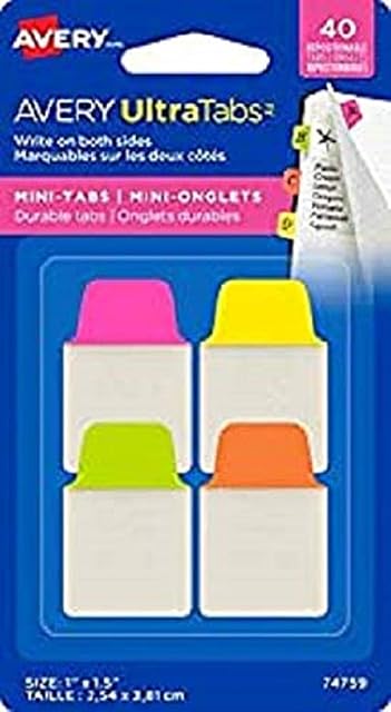 Avery Self Adhesive Ultra Tabs/Bookmarks, 40 Tabs per Pack, 25.4mm, Pink, Yellow, Orange, Green