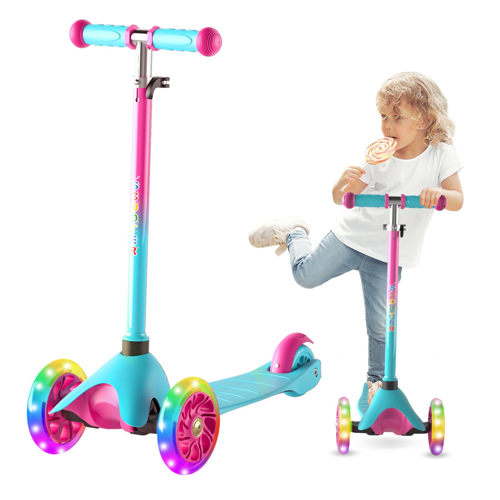 FAYDUDU 3 Wheel Scooter Kids Scooter Age 2-5 Kick Scooter for Toddlers Girls Boys, Light up Wheels, Adjustable Height, Lean to Steer, Non-Slip Deck, Lightweight Push Scooter for Children