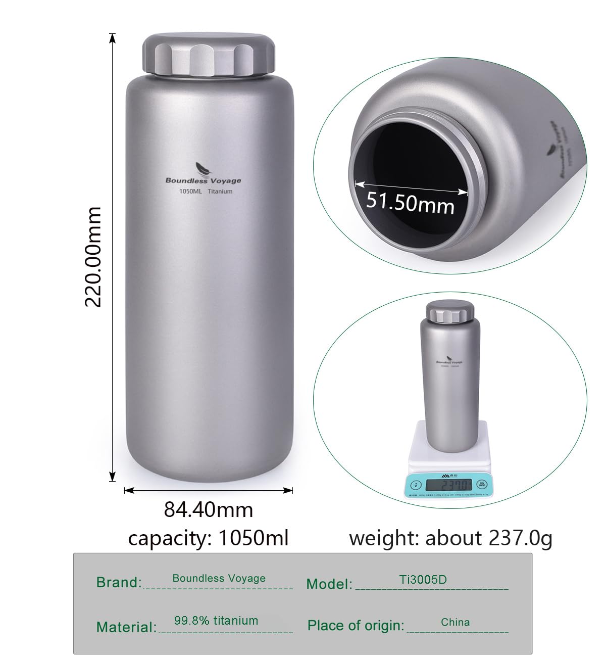 Boundless Voyage Ti3005D-I Bouteille d'eau en titane épaisse et à large goulot 1 050 ml, anti-fuite, ultra légère, à une couche, pour camping, randonnée, trekking, escalade, voyage