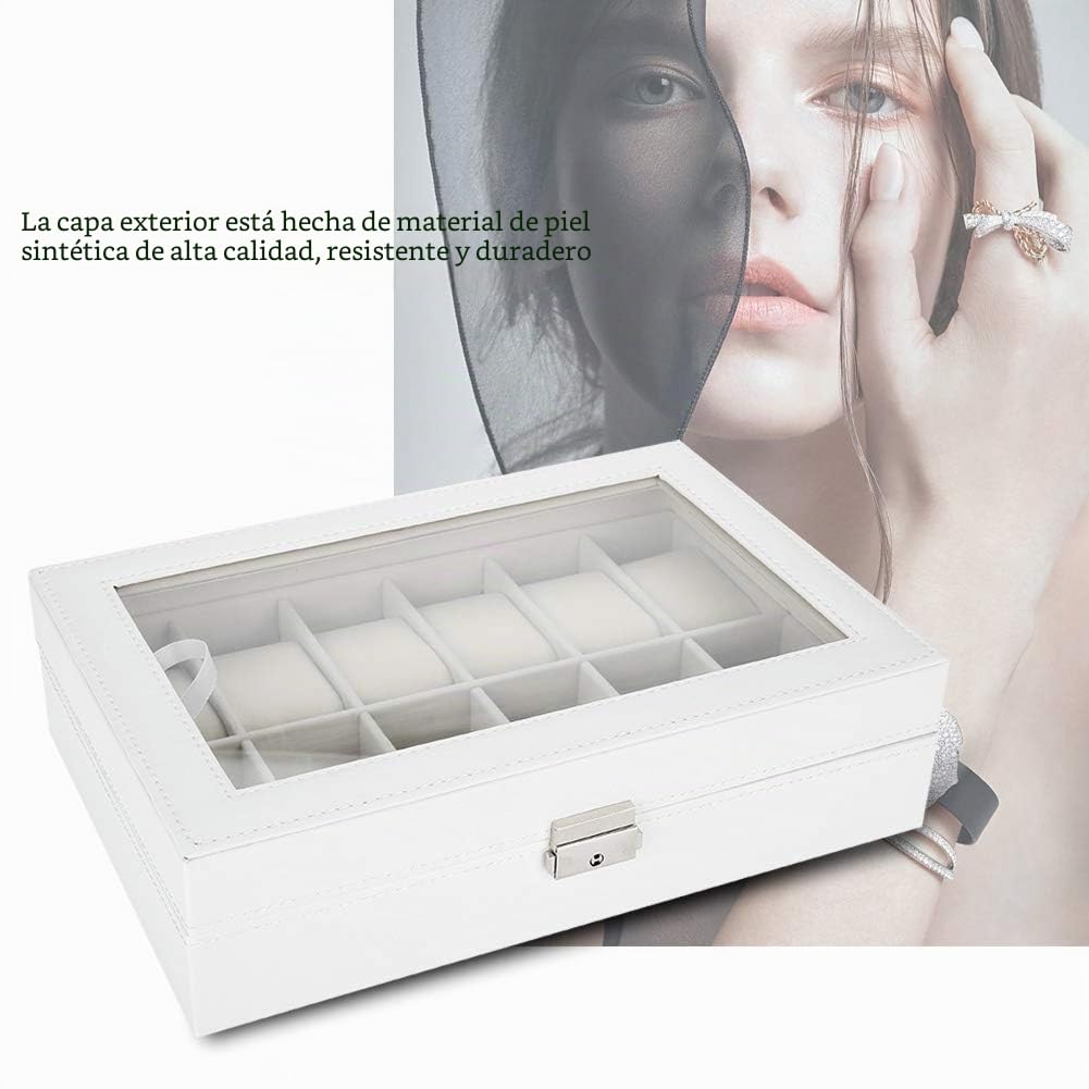 Caja de Relojes Hombre Mujer con 12 Compartimientos, Tapa de Vidrio, Cierre de Metal, Estuche de Almacenamiento para Reloj