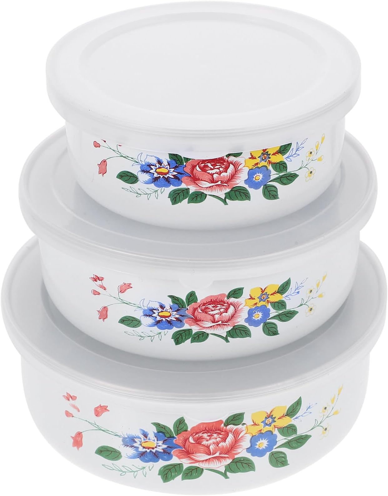 BESTonZON Retro Chinese Enamel Bowl Basin Set 3pcs Pasta Noodles Bowl with Lid Enamelware Salad Dish Hot Soup Basin Metal Instant Ramen Dish Egg Container