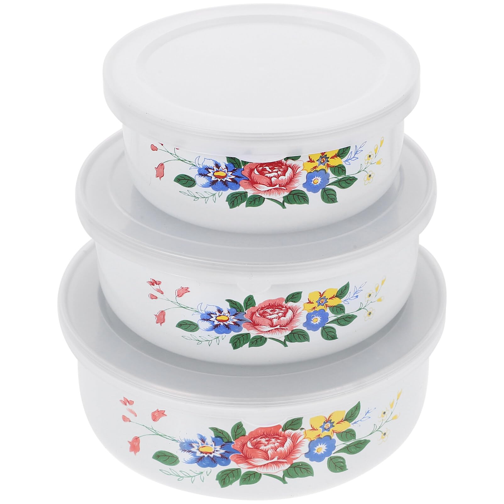 BESTonZON Retro Chinese Enamel Bowl Basin Set 3pcs Pasta Noodles Bowl with Lid Enamelware Salad Dish Hot Soup Basin Metal Instant Ramen Dish Egg Container