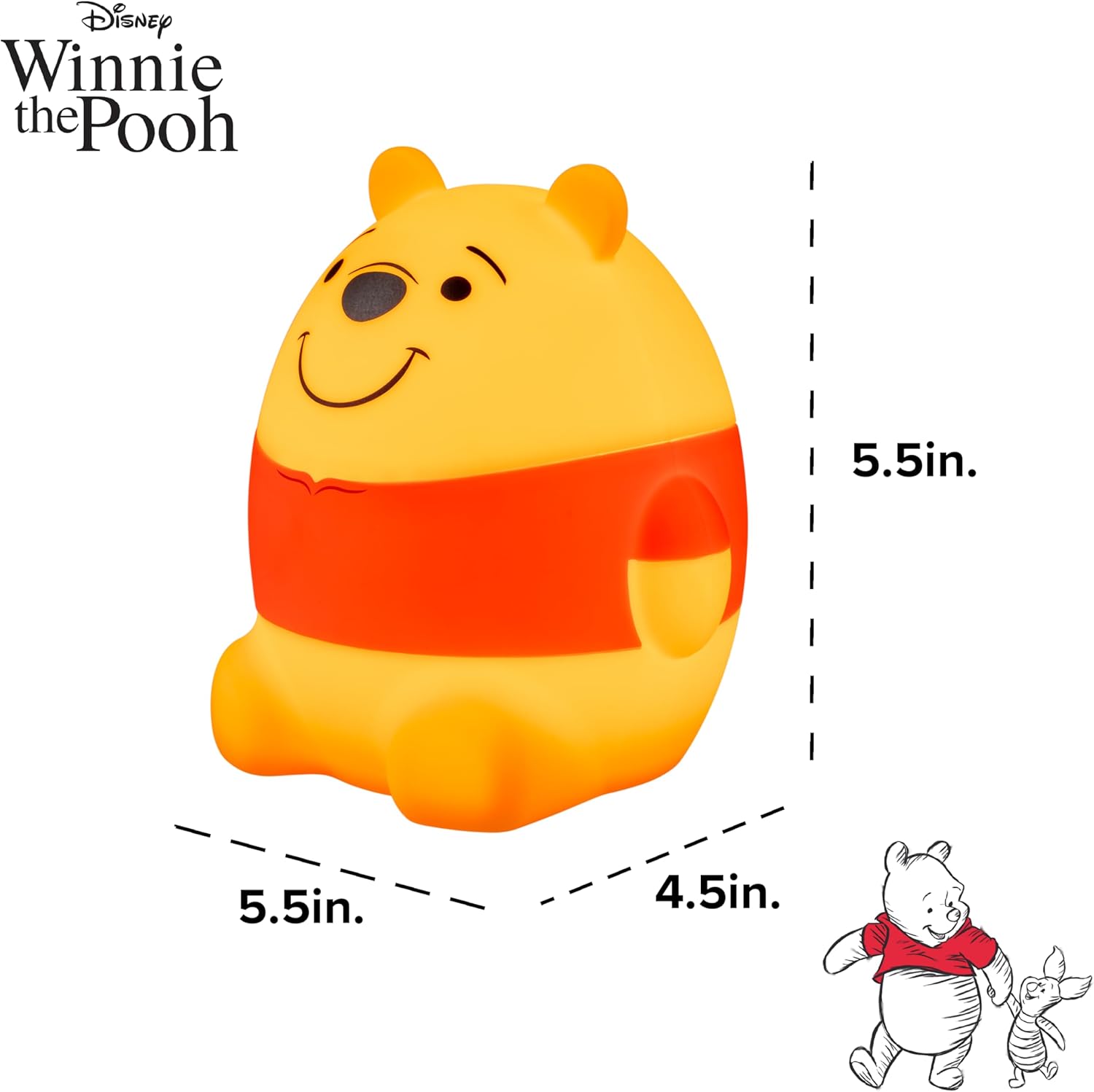 бок view of the Winnie the Pooh Squish Light with dimensions labeled as 5.5 inches in height, 5.5 inches in width, and 4.5 inches in depth.