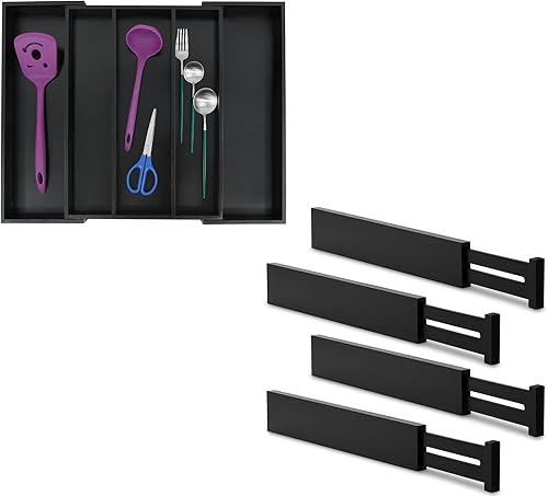 Utoplike Organizador de cajones de cocina expandible de bambú y 4 separadores de cajones de cocina de bambú (16.53-21.6 pulgadas)