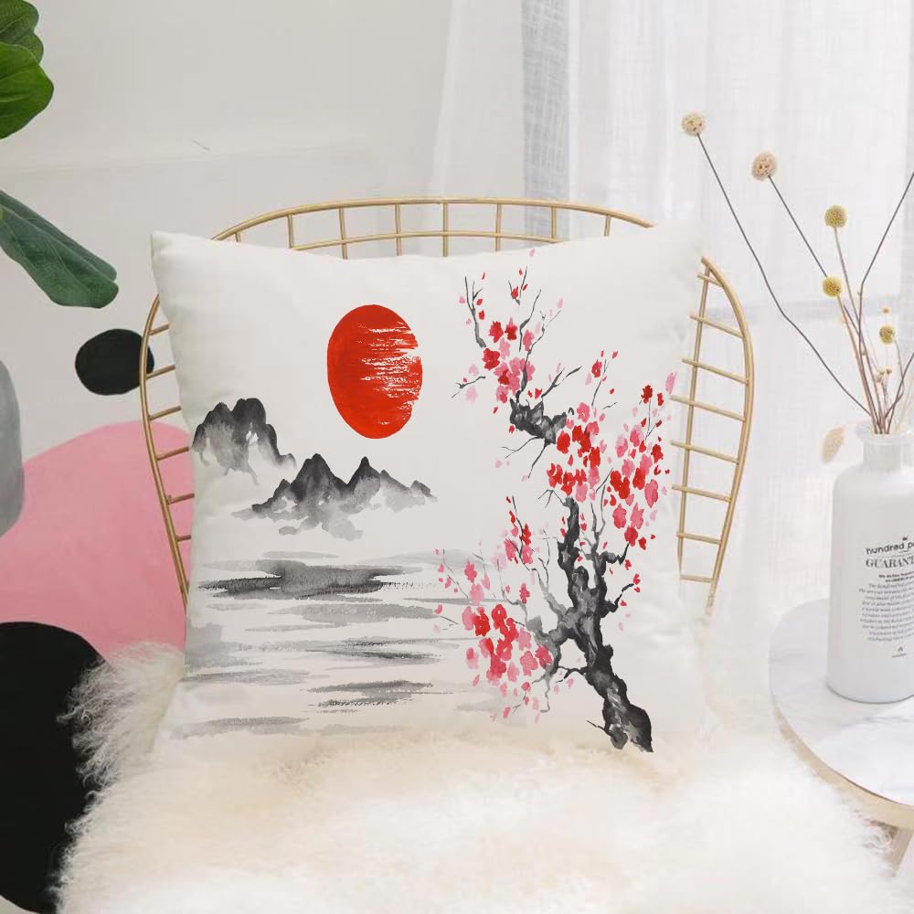 HYMSXW Cushion Cover,Throw Pillow Case Home Decorative for Living Room Bedroom Sofa Chair 20X20 Inch,Mountain of Traditional Japanese Painting Sun Sakura Lake from Japan Art Sumi-e,Pillowcase 50X50cm