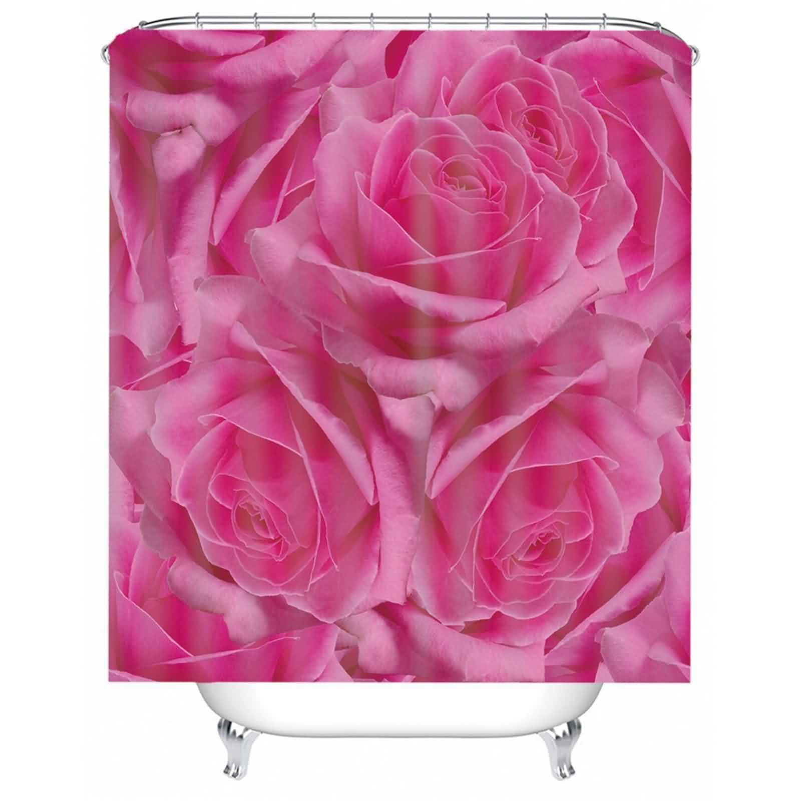Rideau de douche textile fleurs roses rouge en polyester lavable avec anneaux de fixation inclus