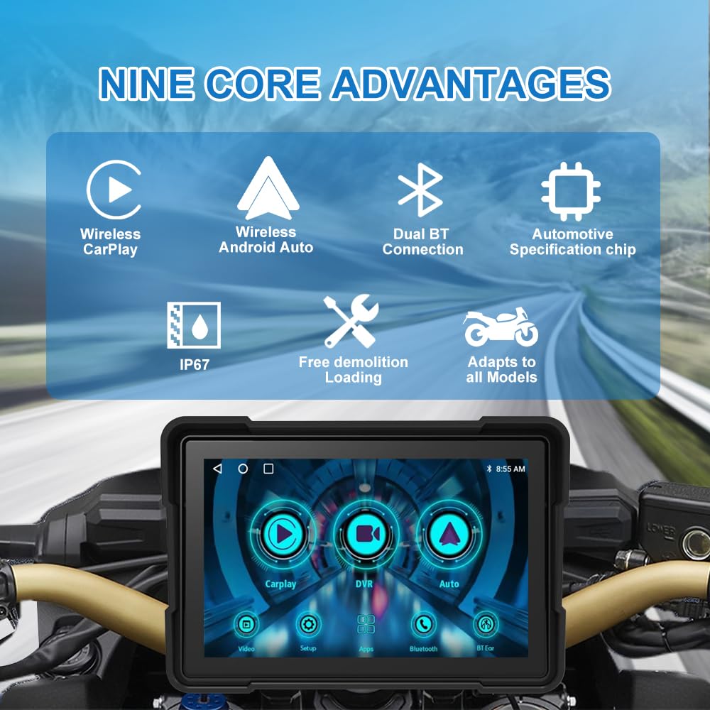 Motorrad Navi Navigationsgeräte Wireless CarPlay Android Auto Portable Motorräder mit Front und Rückansicht Recorder, 5 Zoll Touchscreen wasserdicht GPS Navigation für Motorrad mit 64GB TF-Karte
