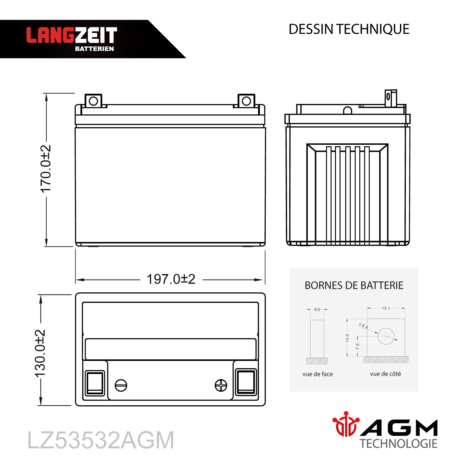 LANGZEIT Batterie Tracteur Tondeuse 12V 35Ah AGM U1R pôle Positif à Droite