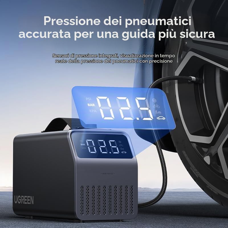 UGREEN Compressore d'aria Portatile 12V, Pompa per Pneumatici da 150 PSI con Display Digitale Preciso per Auto, Moto, Biciclette e Palloni.