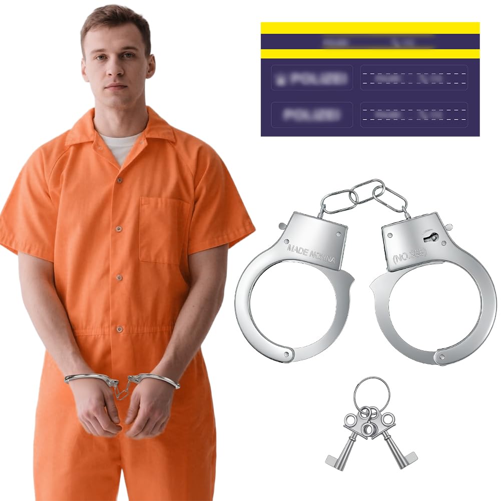 Kajdanki z metalu, kajdanki, metalowa zabawka z kluczem, przestępca, skazany, policjant, zabawka, na Halloween, karnawał, imprezę tematyczną, odgrywanie ról do gier