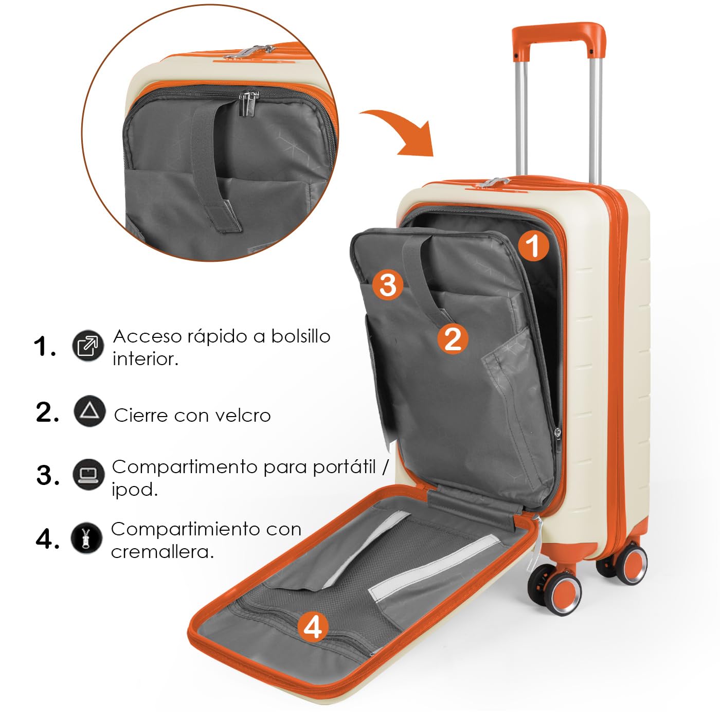 MERCURY TEXTIL- Maleta de Cabina 55x22x36cm de Polipropileno (PP), Equipaje de Mano Rígido con Cerradura TSA y Bolsillo Frontal, Maleta Funcional con 4 Ruedas Dobles 360º y Resistente. (Hueso)