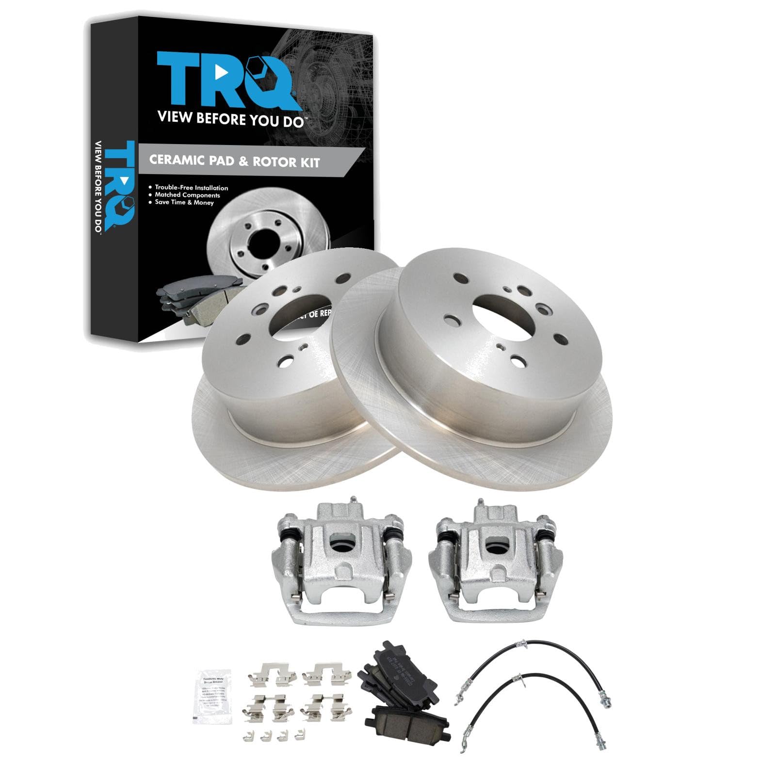 TRQ Rear Brake Pad and Rotor Set Ceramic Calipers Compatible with 2004-2006 Lexus RX330 2007-2009 RX350 2006-2008 RX400h 2006-2007 Toyota Highlander with All Wheel Drive