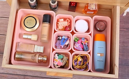 Miniatura 3 de Juego de 25 organizadores de cajones rosados, 4 tamaños entrelazados de plástico para suministros de oficina, tocador de maquillaje de joyas, baño,