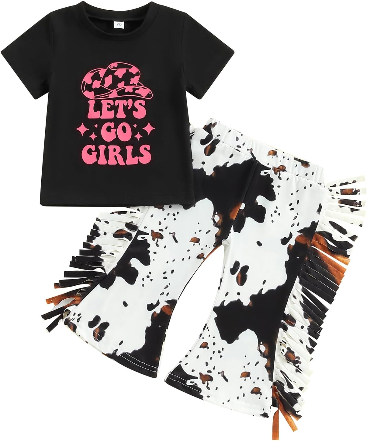 Western Toddler Baby Girl Fall Clothes Long Sleeve Let's Go Girl Shirt Cow Print Flare Pants with Tassels 2Pcs Outfits