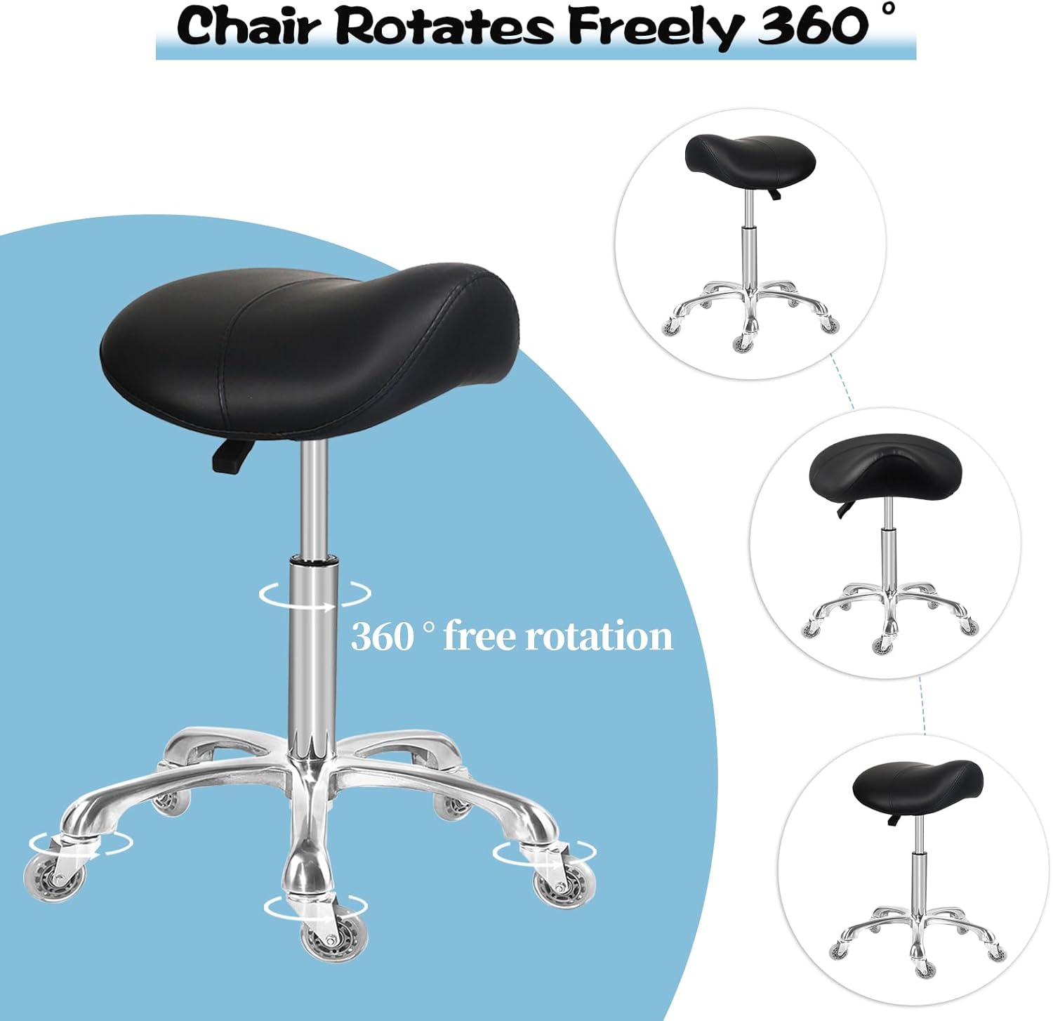 Saddle Stool with Wheels, Rolling Ergonomic Stool with Thick Saddle Seat, Adjustable Chair for Medical Dental Massage Clinic Salon (Black, Without Backrest) - Image 5