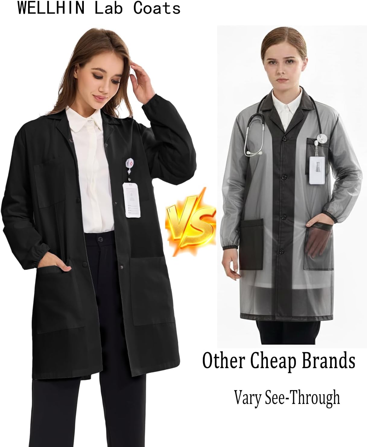 Women's Lab Coats Snap Closure 4 Pockets Elastic Cuffs Professional Medicas Long Sleeve Labcoats Scientist College - Image 2