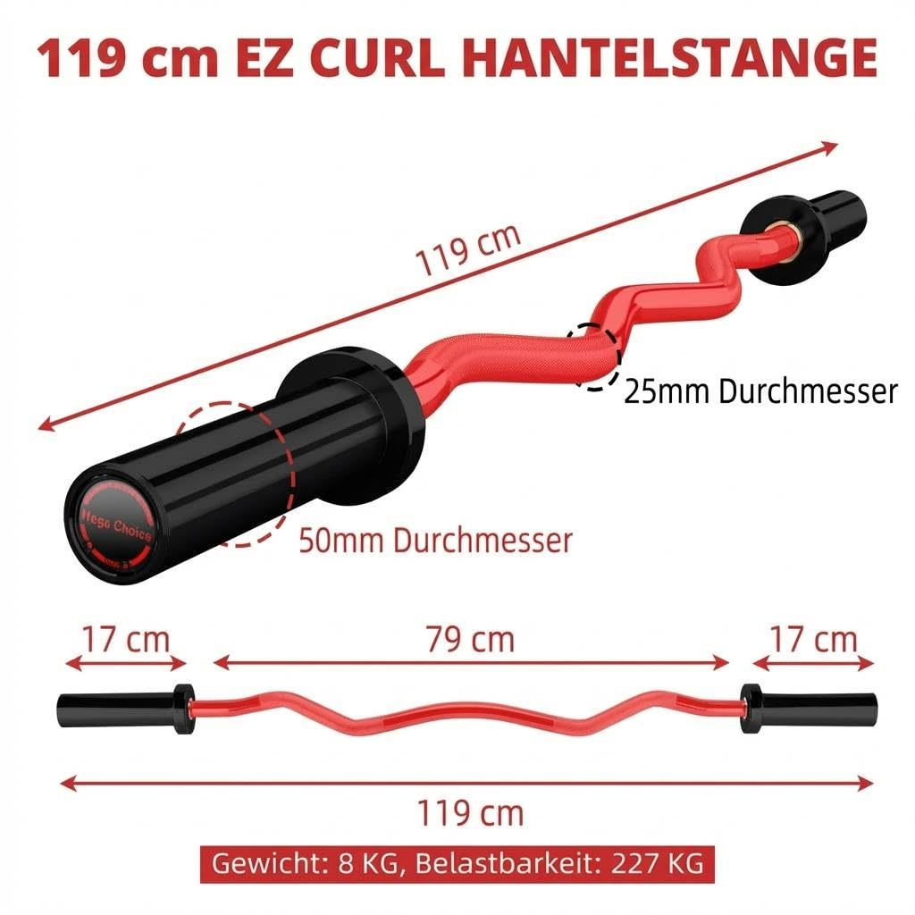SZ Curlstange 120 cm – EZ Hantelstange Für Krafttraining, 50 mm Aufnahme, Verchromt, Inkl. 2 Federverschlüsse, Ideal Für Bizeps, Trizeps, Hip Thrust, Kniebeugen & Home Gym, Schwarz