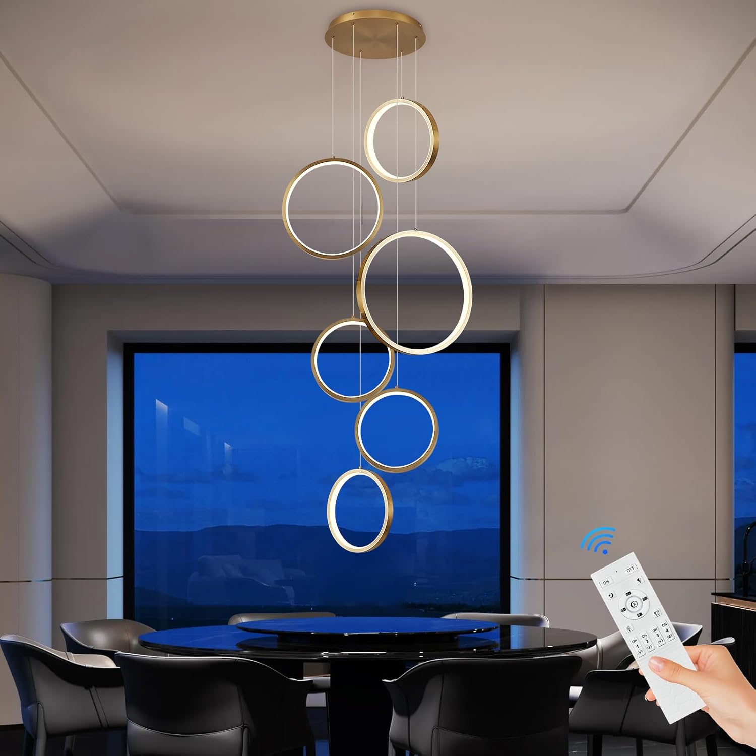 6 Rings Modern LED Chandelier for High Ceiling Dimmable Gold Contemporary Pendant Light Fixture Long Foyer Chandelier for Entryway Staircase Dining Room Living Room, 3000-6500K