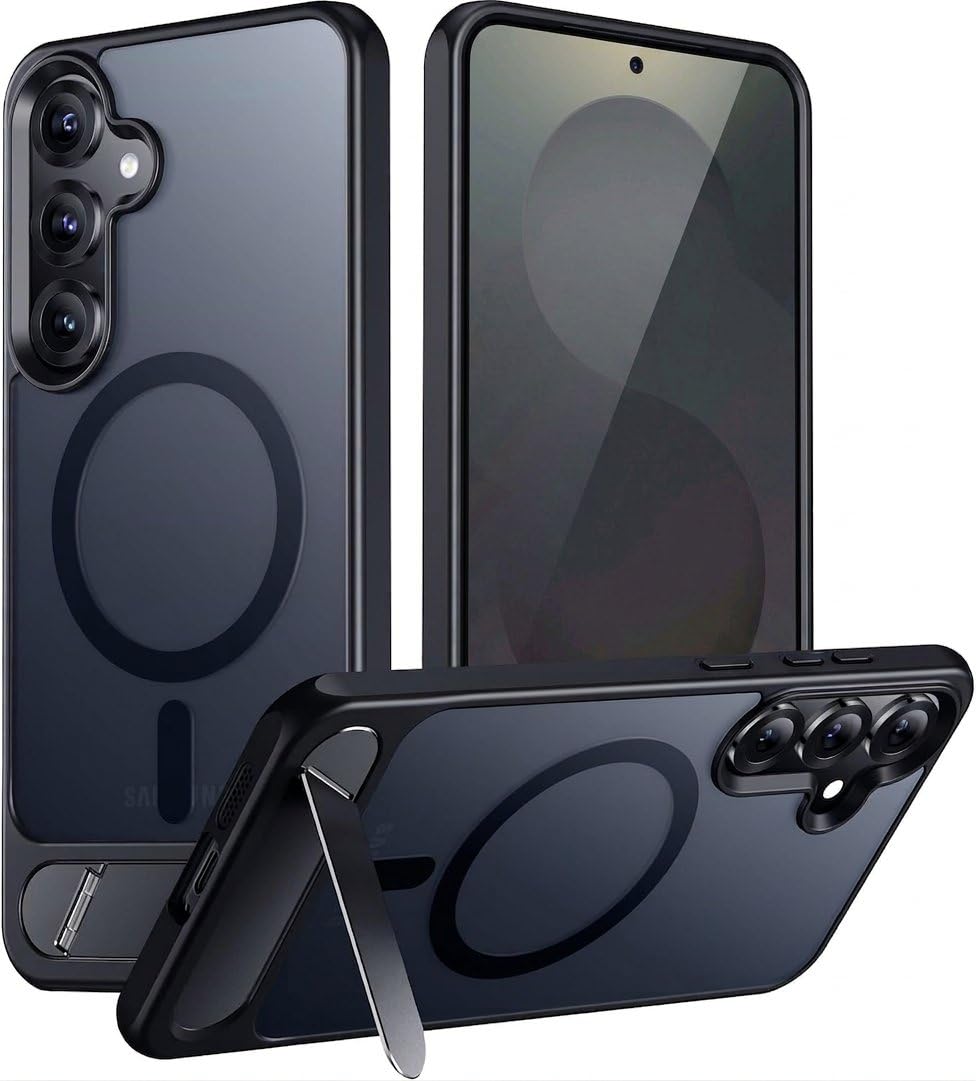elzzi magnetic cover compatible for samsung s25 plus 5g case with adjustable metal kickstand, compatible with mag-safe translucent matte shockproof protective phone case, black