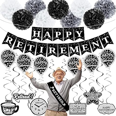 Retirement Decorations Black Silver White, Happy Retirement Party Decorations for Men Women Happy Retirement Banner Gifts, Retirement Decor Double-Sided Pattern Card Pompoms Hanging Swirl Retired Sash Cover