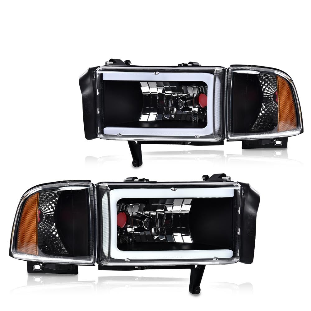 LED Light Strip Headlight Assembly Front Headlamp w/o Bulbs,Compatible with Dodge Ram 1500 1994-2001,Fit Ram 2500 3500 1994-2002,Not Fit for Sport