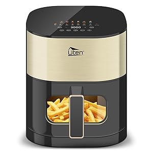 Uten Doble Resistencia Freidora de Aire 5,5 L con Ventana, Pantalla a Color, 14 Programas, Inicio Diferido, Filtro de aceite, 2 Calentadores Rápidos Controlables Independiente, Alimentos sin Volteo