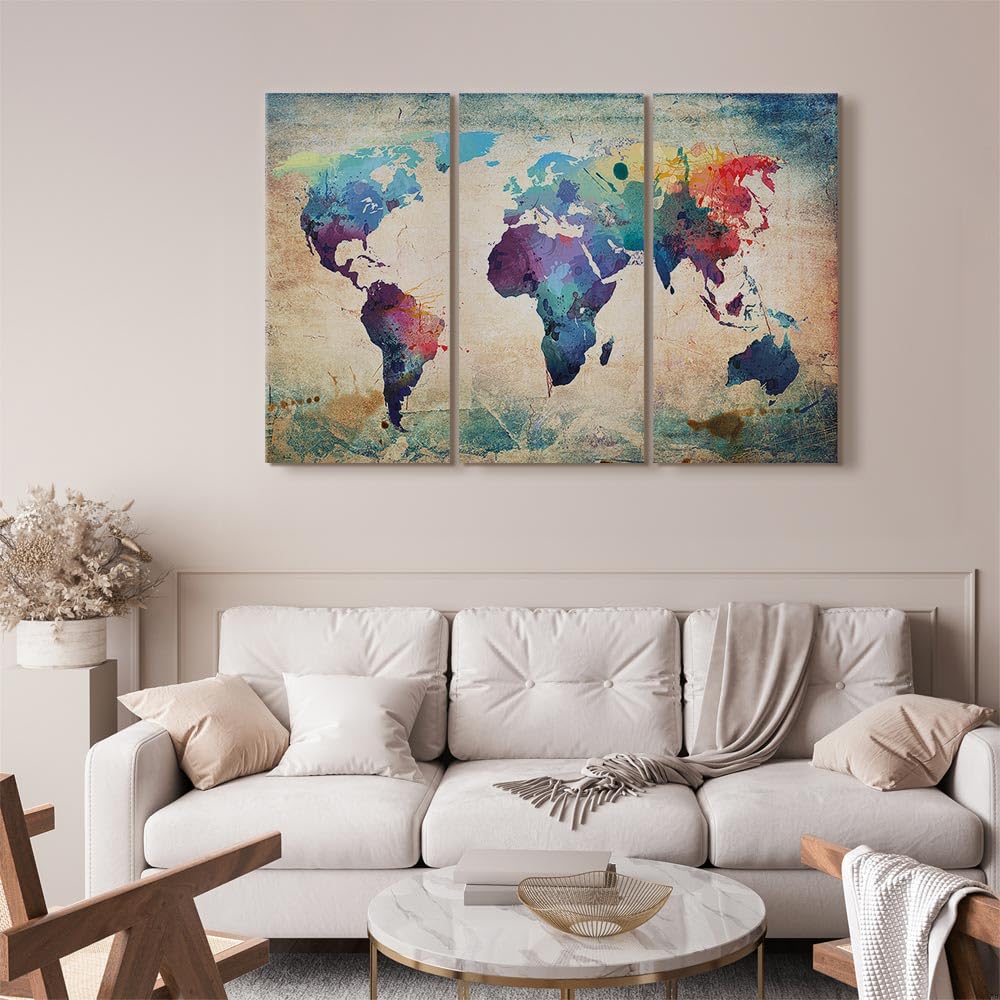 Cuadros B&D XXL - Quadro Grande Mappa del Mondo 120x80 cm 3 Pezzi - Stampa su Tela Strutturata - Quadri Moderni Componibili Camera da Letto Matrimoniale - Planisfero da Parete 020113-47