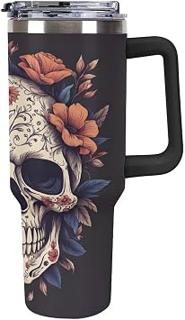 40oz Insulated Stainless Steel Tumbler with Handle, Floral Skull Skeleton Leakproof Water Bottles Travel Mug with Lid And Straw for Water, Iced Tea Or Coffee, Suitable for Most Car Cup Holde