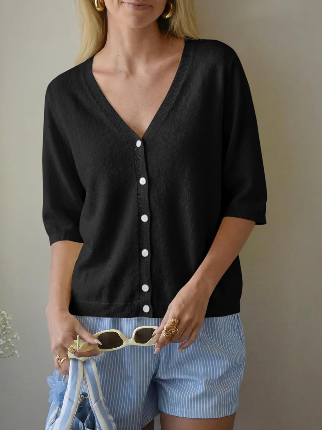 Saodimallsu Womens Half Short Sleeve Cardigans Summer Lightweight Knit V Neck Button Down Casual Sweater Tops - Image 3